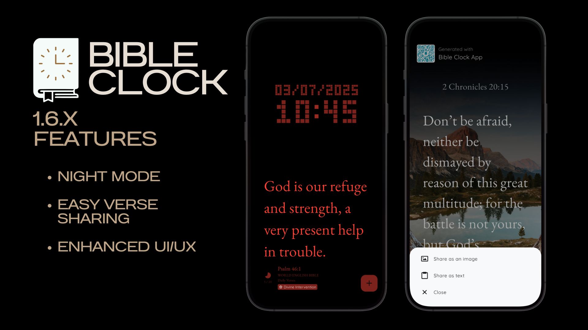 Verse of the Day - Bible Clock 1.6.x: Night Mode and Sharing Features