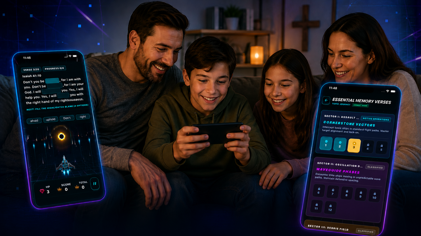 Verse Blitz gameplay showing Scripture memorization through fast-paced interactive play