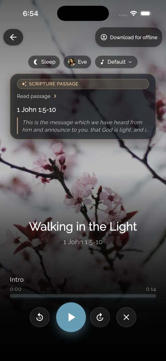 Edenify meditation player showing a Scripture passage preview for 1 John 1:5-10 above the Walking in the Light sleep meditation