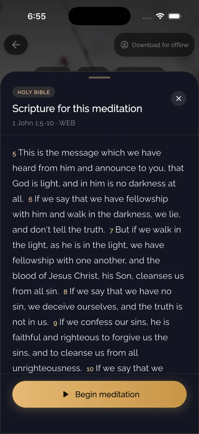 Edenify dark theme Scripture reader displaying 1 John 1:5-10 with a Begin meditation button