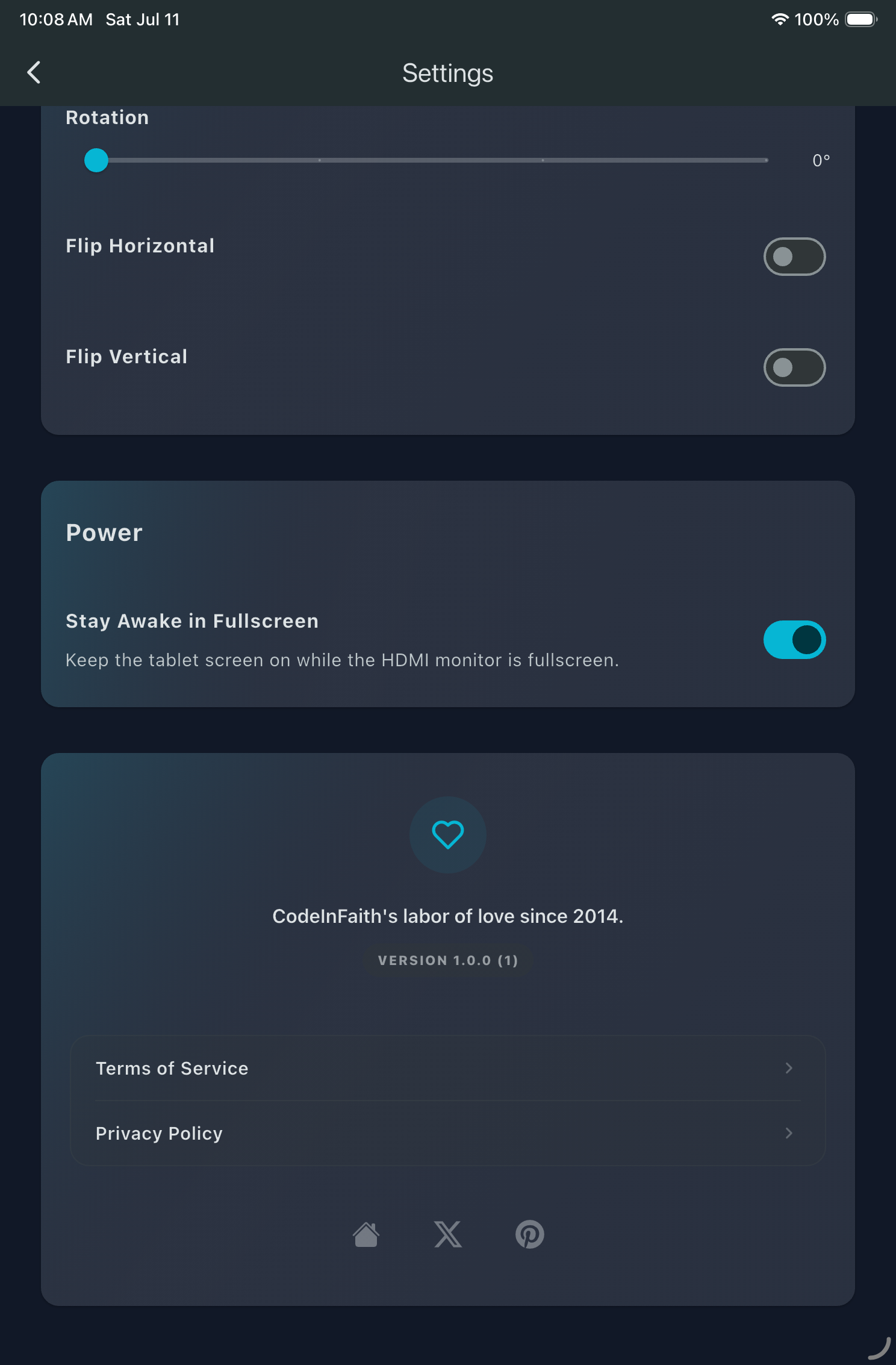 HDMI Monitor settings screen showing the Power section with Stay Awake in Fullscreen enabled