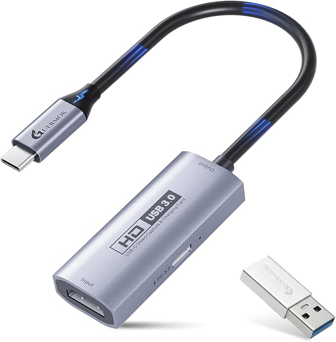 4K USB 3.0 HDMI Capture Card with 100W PD charging pass-through and USB-C cable