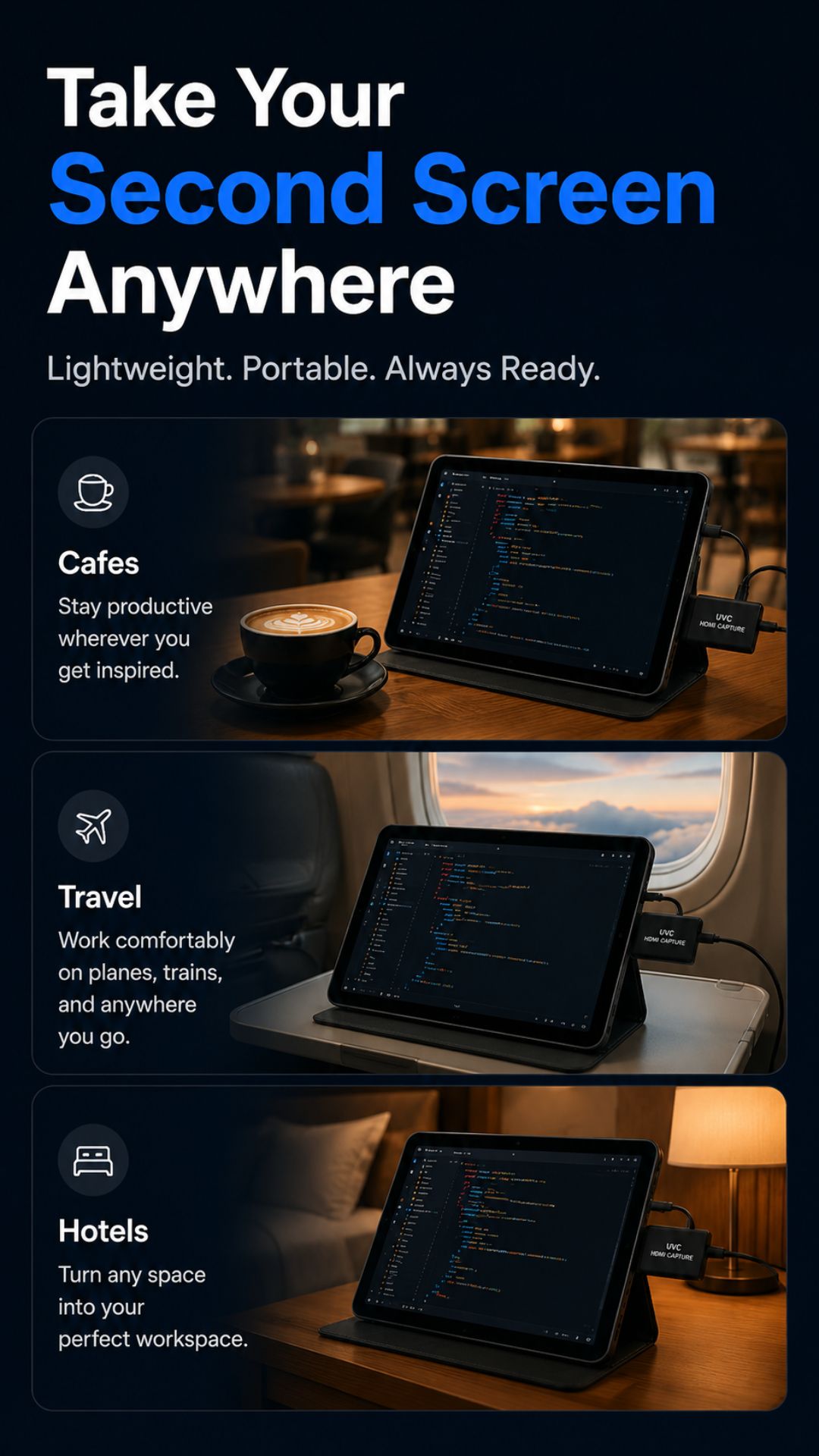 HDMI Monitor screenshot showing portable work and travel use cases for turning a tablet into an HDMI display
